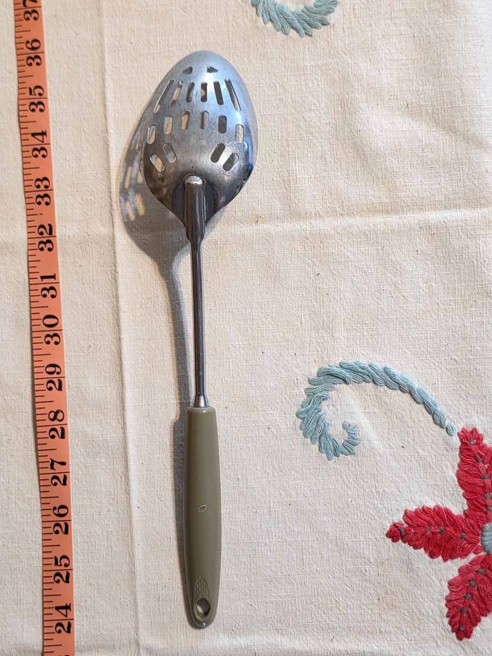 Vintage Avocado Green Slotted Serving Spoon - Stainless Steel Kitchen Utensil